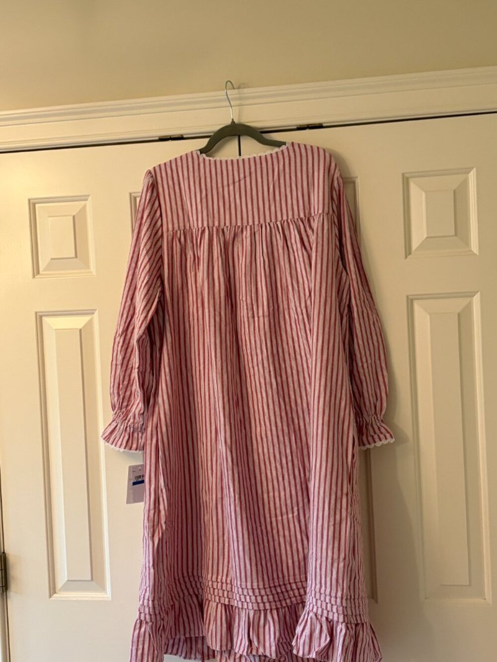 NWT Eileen West Brushed Flannel Red Berry Ticking Stripe Lace Trim Nightgown  XL - Picture 2 of 7
